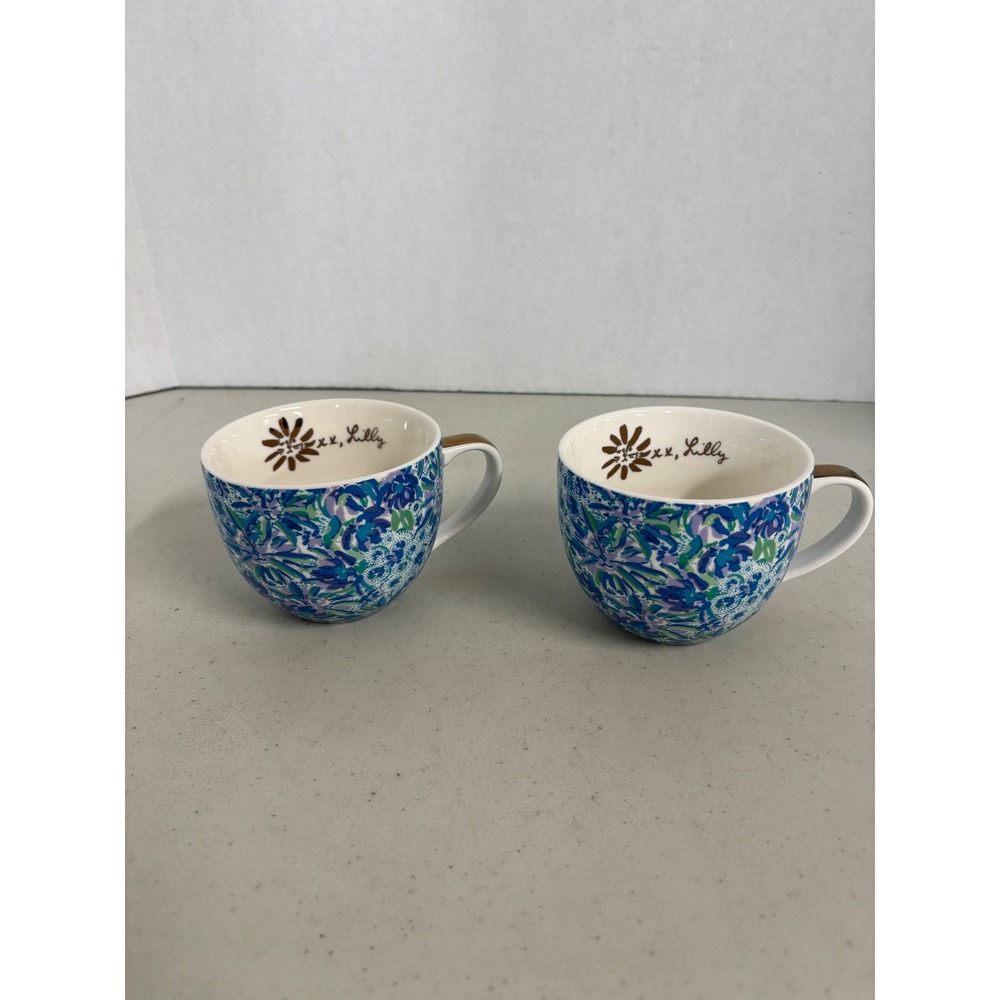 Lilly Pulitzer Floral Ceramic Coffee Mug Set of 2 Blue Purple Gold Handle
